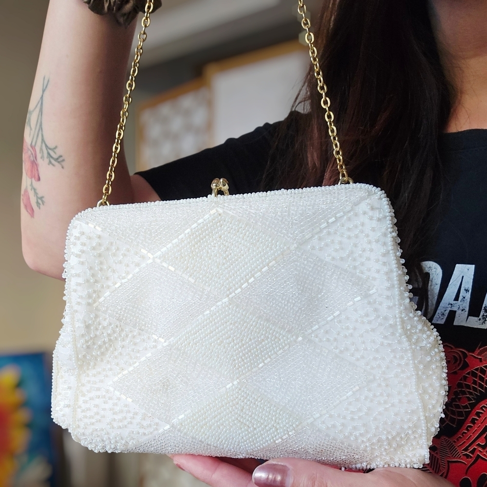 Vintage Small White Hand Beaded Purse Wristlet Wedding Evening Bag
